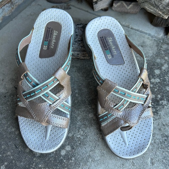 Skechers Reggae Gray & Teal leather Women's Slide Sandals Sz-6. Q - Picture 3 of 13
